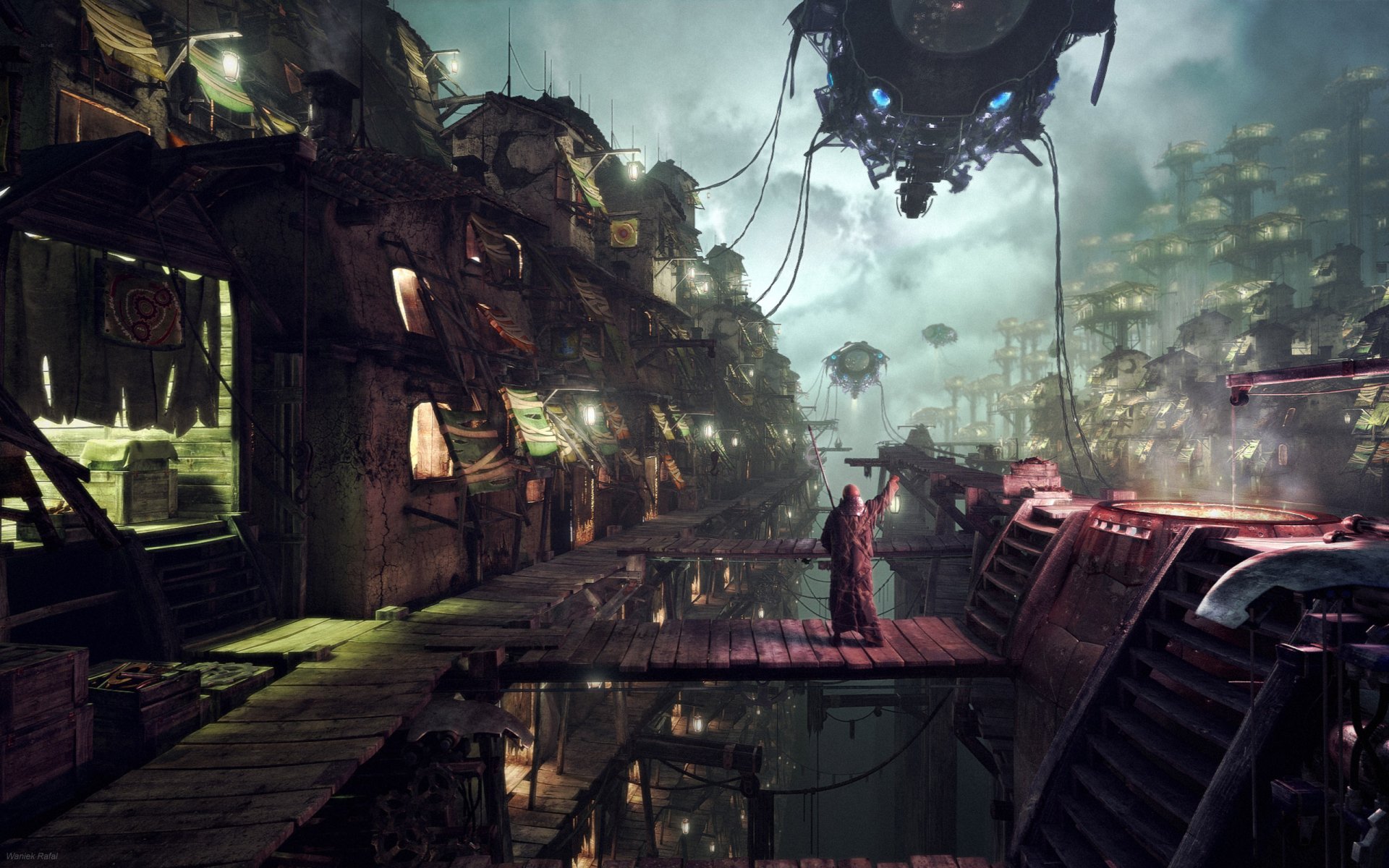 A vibrant sci-fi city scene featuring futuristic architecture, illuminated structures, and a mysterious figure standing on a walkway, set against a dramatic, atmospheric backdrop.