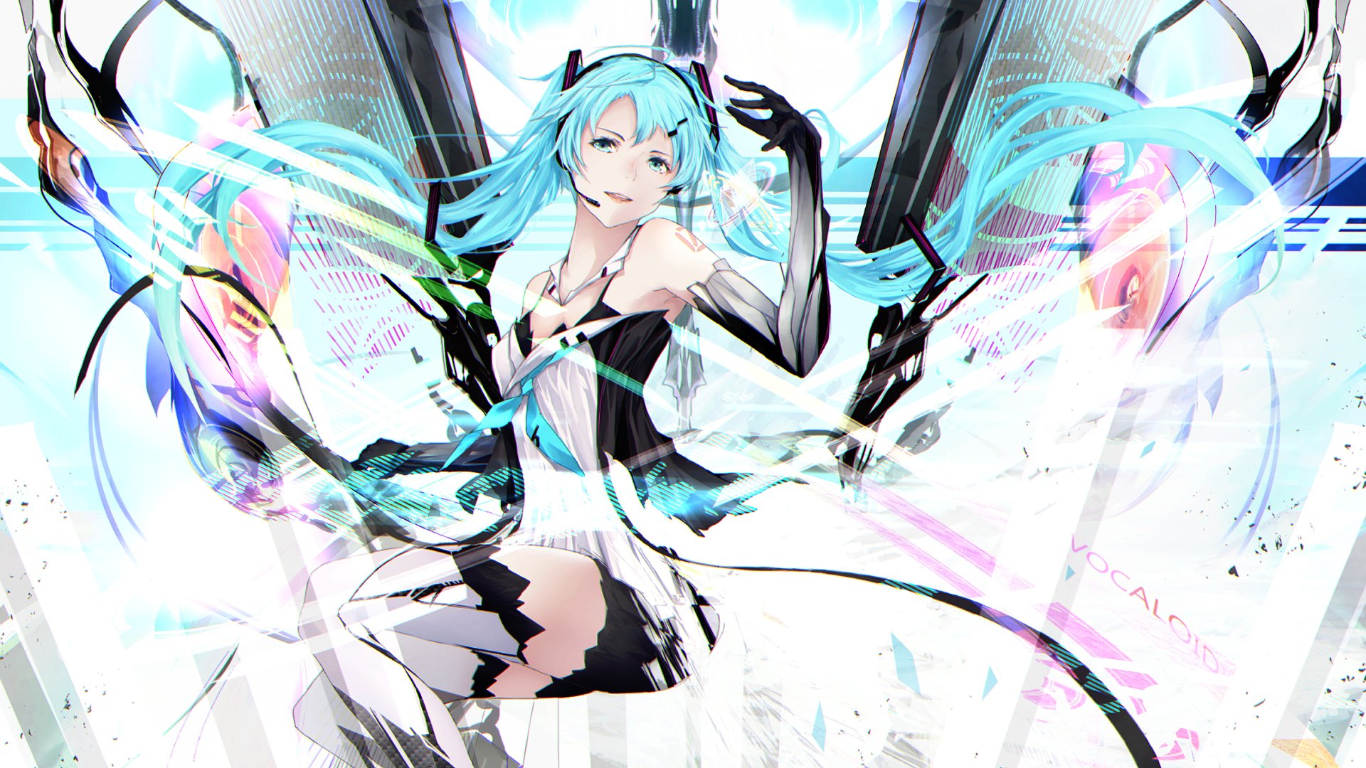 Vibrant HD PC desktop wallpaper of Hatsune Miku, anime Vocaloid with flowing turquoise twin-tails, futuristic outfit and dynamic musical energy ribbons on a white background.