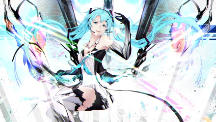 Vibrant HD PC desktop wallpaper of Hatsune Miku, anime Vocaloid with flowing turquoise twin-tails, futuristic outfit and dynamic musical energy ribbons on a white background.