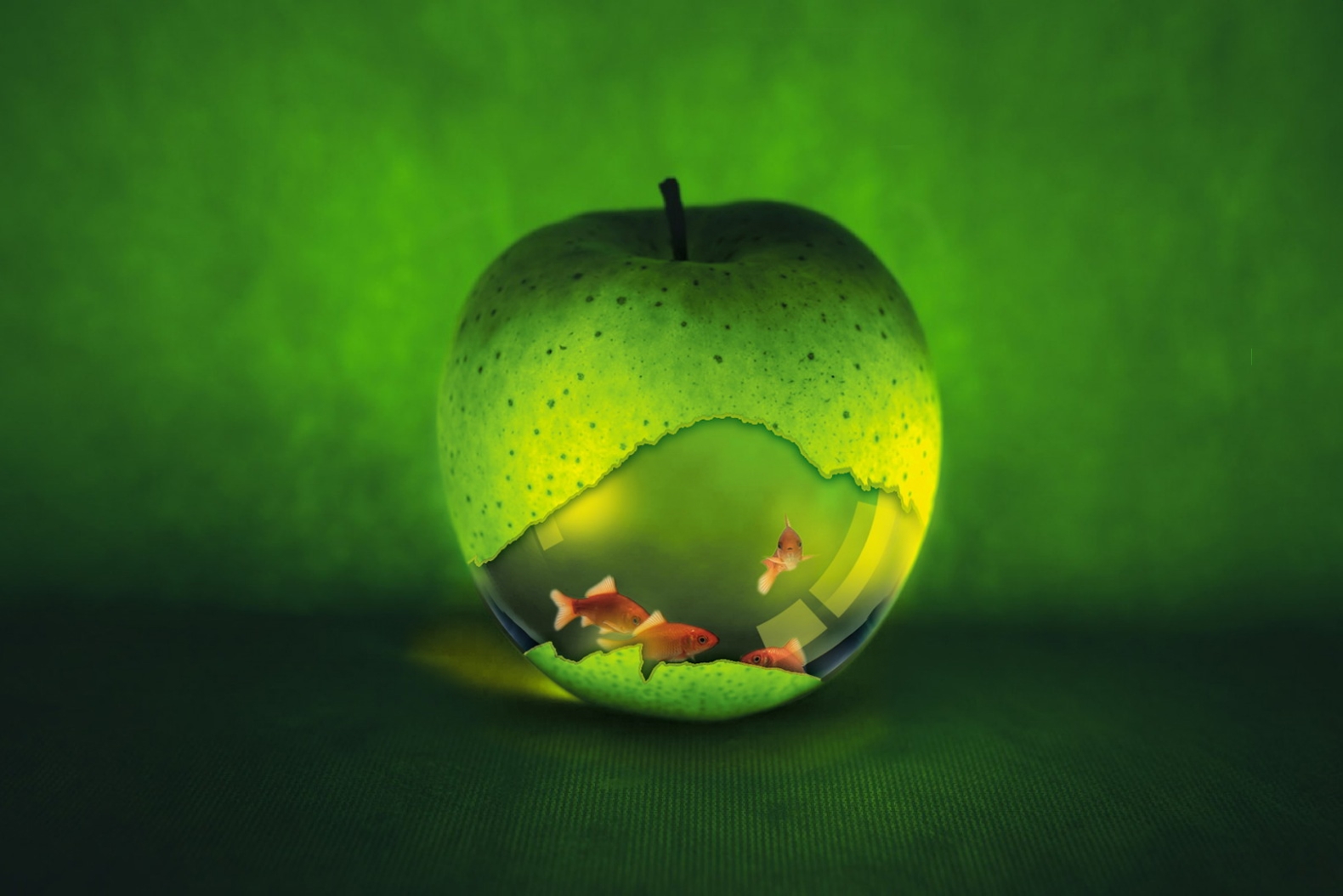 Surreal underwater scene with floating apple and fish.