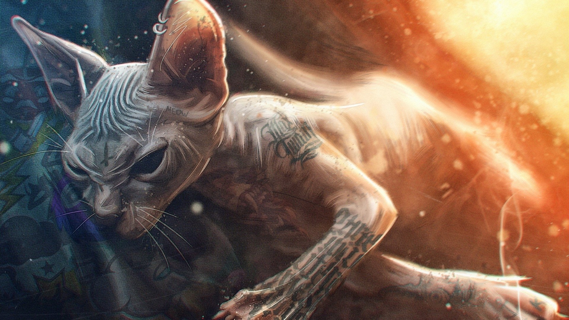 A detailed fantasy-themed image of a hairless cat with intricate markings, illuminated by a warm, glowing light, designed as an HD PC desktop wallpaper.