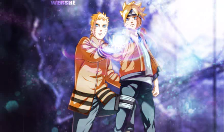 HD desktop wallpaper featuring Boruto Uzumaki and Naruto Uzumaki from the anime Boruto: Naruto the Movie. The image showcases the characters in a dynamic pose with a mystical background.