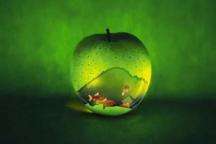 A surreal HD desktop wallpaper featuring a green apple with a fishbowl cutout, inside which goldfish swim. The background is a soft green hue.