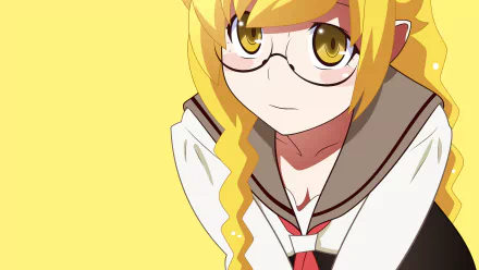 A vibrant HD wallpaper featuring Shinobu Oshino from Bakemonogatari, showcasing her blonde hair, glasses, and striking yellow eyes against a bright yellow background.