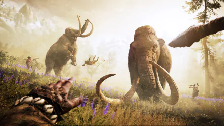 A vivid HD wallpaper featuring a scene from Far Cry Primal, showcasing majestic elephants and a hunter in a lush, prehistoric landscape.