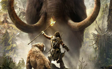 HD desktop wallpaper and background from the video game Far Cry Primal, featuring a prehistoric scene with a warrior holding a torch and spear, accompanied by a saber-toothed cat, facing a giant woolly mammoth.