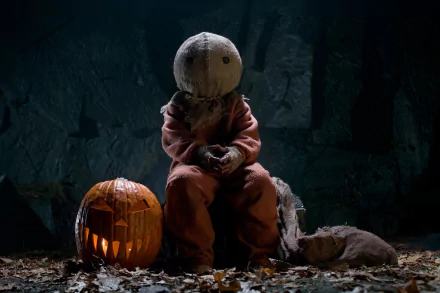 HD PC desktop wallpaper featuring a scene from the movie Trick 'r Treat with the iconic character Sam sitting beside a glowing jack-o'-lantern in a dark, eerie setting.
