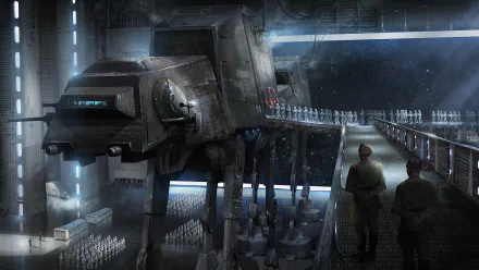 A dynamic HD wallpaper featuring a stormtrooper and an AT-AT Walker, set in a futuristic environment inspired by Rogue One: A Star Wars Story.