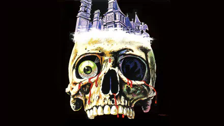 HD PC desktop wallpaper for the movie The Legend of Hell House — a bloodstained skull with one green eye and a haunted mansion perched atop.