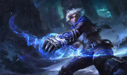 Ezreal from League of Legends casts a powerful energy orb, surrounded by a mystical atmosphere. This vibrant 4K Ultra HD wallpaper captures his action-packed essence in the game.