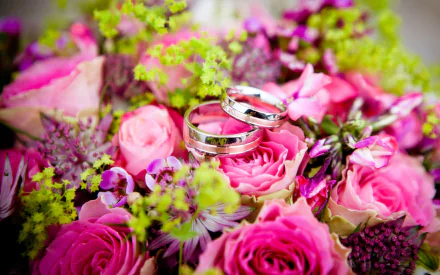 HD desktop wallpaper featuring a vibrant bouquet of pink roses and greenery with two silver wedding rings nestled among the flowers, symbolizing love and celebration.