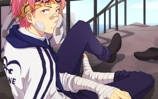 HD desktop wallpaper featuring Koby from One Piece anime. Koby, with pink hair, sits on a stairway wearing a sporty jacket and bandages, set against a calm outdoor background.
