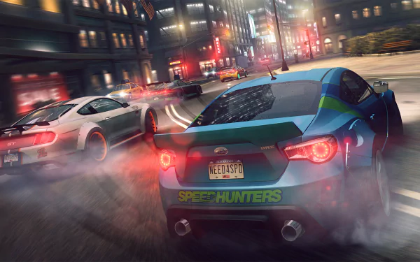 HD PC desktop wallpaper featuring fast cars racing through a neon-lit cityscape, inspired by the video game Need For Speed: No Limits.