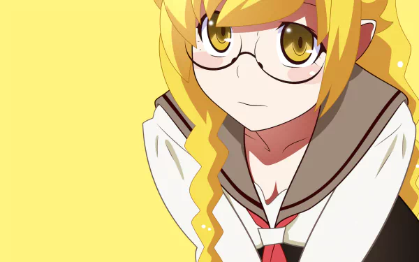 A vibrant HD wallpaper featuring Shinobu Oshino from Bakemonogatari, showcasing her blonde hair, glasses, and striking yellow eyes against a bright yellow background.