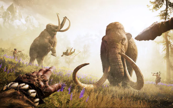A vivid HD wallpaper featuring a scene from Far Cry Primal, showcasing majestic elephants and a hunter in a lush, prehistoric landscape.