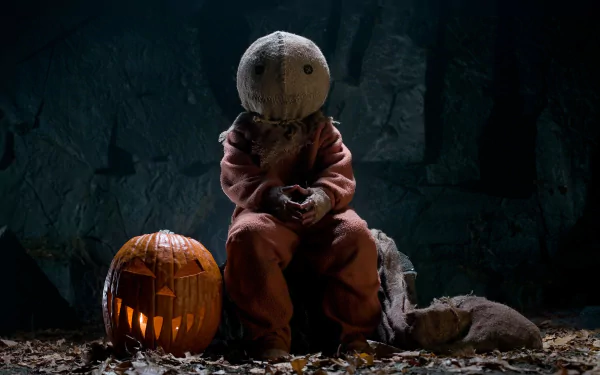 HD PC desktop wallpaper featuring a scene from the movie Trick 'r Treat with the iconic character Sam sitting beside a glowing jack-o'-lantern in a dark, eerie setting.