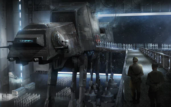 A dynamic HD wallpaper featuring a stormtrooper and an AT-AT Walker, set in a futuristic environment inspired by Rogue One: A Star Wars Story.