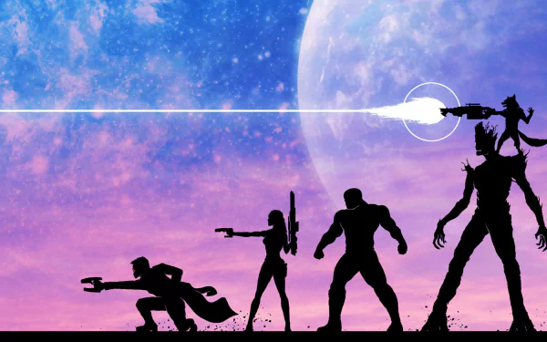 A vibrant HD desktop wallpaper featuring the Guardians of the Galaxy: Star Lord, Groot, Drax the Destroyer, Gamora, Peter Quill, and Rocket Raccoon against a cosmic backdrop.