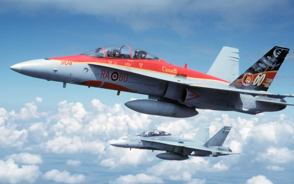 HD desktop wallpaper featuring a McDonnell Douglas CF-18 Hornet military jet fighter flying against a blue sky with scattered clouds.