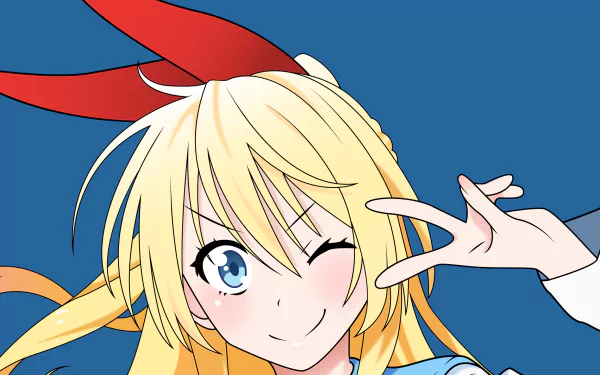 Chitoge Kirisaki from the anime Nisekoi winks cheerfully while making a peace sign, set against a vibrant blue background, in this HD PC desktop wallpaper.