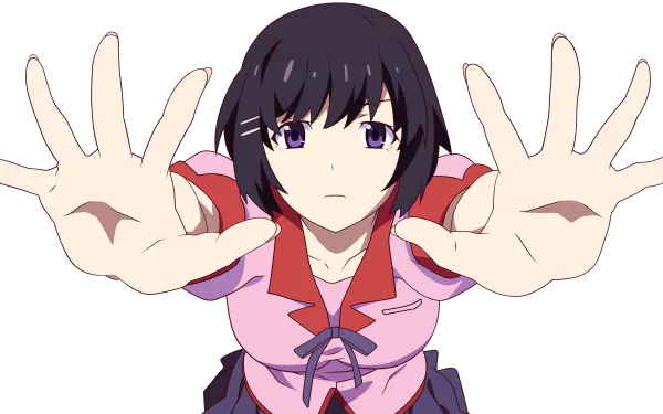 Anime-style illustration of Tsubasa Hanekawa from the Monogatari series, depicted in a 4K Ultra HD desktop wallpaper with a focused expression and outstretched hands.