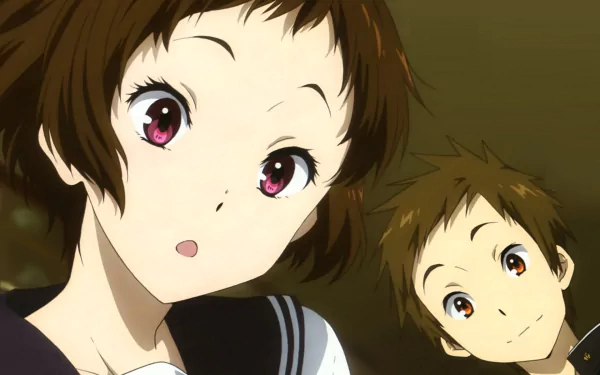 A vibrant HD wallpaper featuring Satoshi Fukube and Mayaka Ibara from the anime Hyouka, capturing their expressive faces and unique personalities in a dynamic scene.
