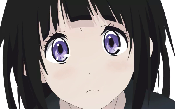 Eru Chitanda from the anime Hyouka gazes up with wide eyes, rendered in vibrant detail, making this HD wallpaper a striking backdrop for fans of the series.