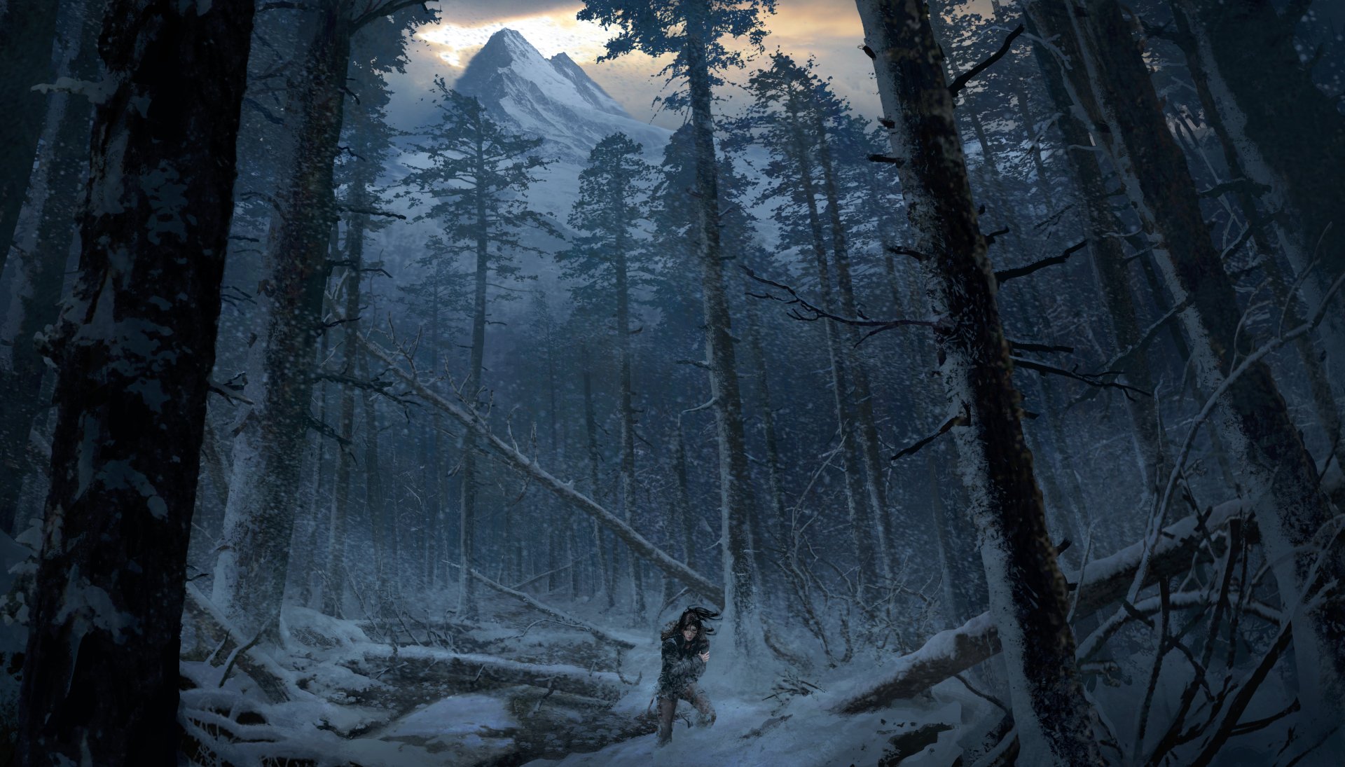A snowy forest setting from Rise of the Tomb Raider, featuring Lara Croft exploring a mysterious landscape with towering mountains in the background. 4K Ultra HD desktop wallpaper.