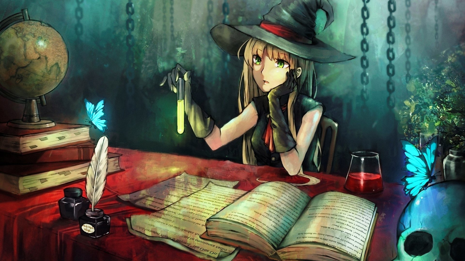 A HD desktop wallpaper featuring an anime witch surrounded by books and magical elements, holding a glowing test tube, with vibrant lighting and enchanted creatures enhancing the fantasy setting.
