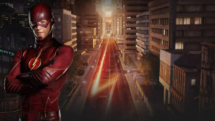 HD wallpaper featuring Barry Allen as The Flash, portrayed by Grant Gustin, against a vibrant cityscape backdrop with streaks of lightning lighting up the street.