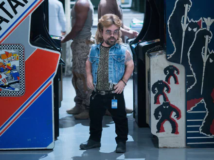 Pixel art depiction of Peter Dinklage in a retro arcade setting, showcasing a playful style with vibrant colors, crafted for a 4K Ultra HD desktop wallpaper.