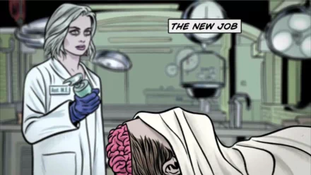 HD PC desktop wallpaper from the TV show iZombie, featuring a female doctor in a lab coat standing beside a covered body with the caption THE NEW JOB.