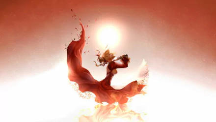 A dynamic illustration of Red Saber from Fate/Extra, featuring her in a flowing red dress against a radiant sun backdrop, designed as a vibrant HD desktop wallpaper.