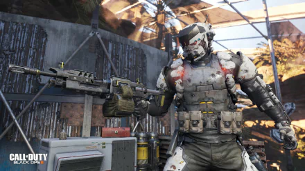 HD desktop wallpaper and background from the video game Call of Duty: Black Ops III, featuring a soldier in futuristic armor holding a large weapon in a detailed, industrial setting.