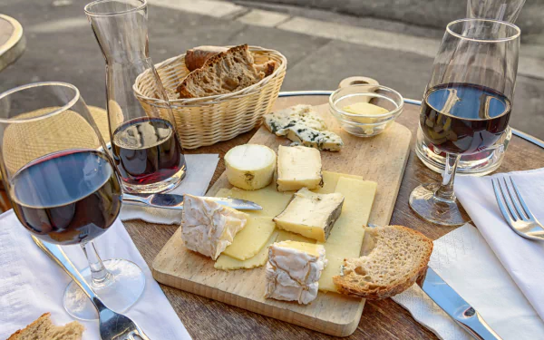 A 4K Ultra HD still life of a wooden table set with glasses of red wine, assorted cheeses on a board, a basket of bread, and cutlery arranged for a meal.