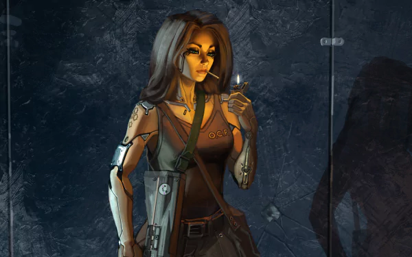 A fierce woman warrior with a cyborg arm casually smokes a cigarette, holding a lighter in a dark, sci-fi backdrop, creating a striking HD desktop wallpaper.