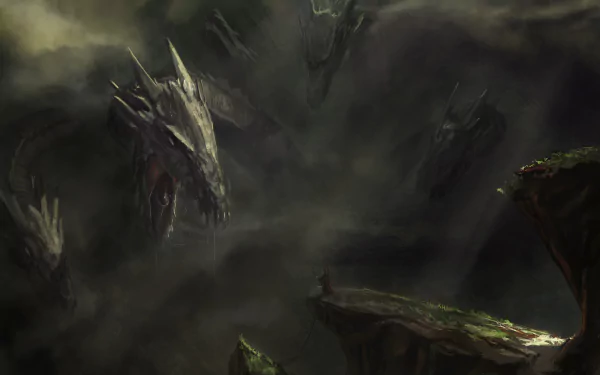 A dramatic fantasy scene featuring a menacing hydra amidst swirling fog, creating an epic atmosphere. This 4K Ultra HD wallpaper immerses viewers in a mythical world.