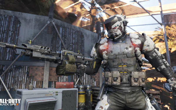 HD desktop wallpaper and background from the video game Call of Duty: Black Ops III, featuring a soldier in futuristic armor holding a large weapon in a detailed, industrial setting.