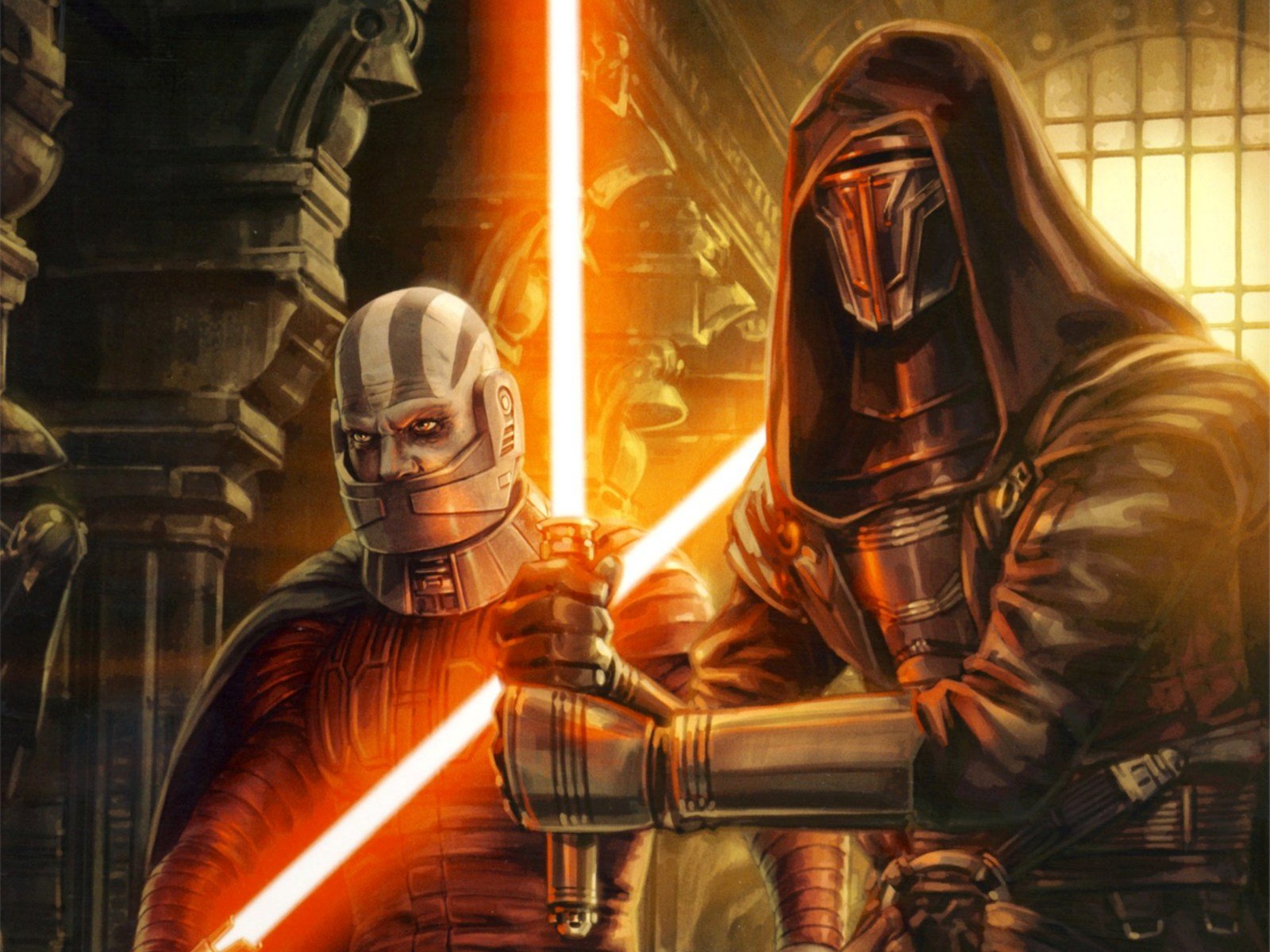 HD desktop wallpaper featuring two Star Wars characters wielding red lightsabers in a dynamic stance, set against a detailed, dimly lit background.