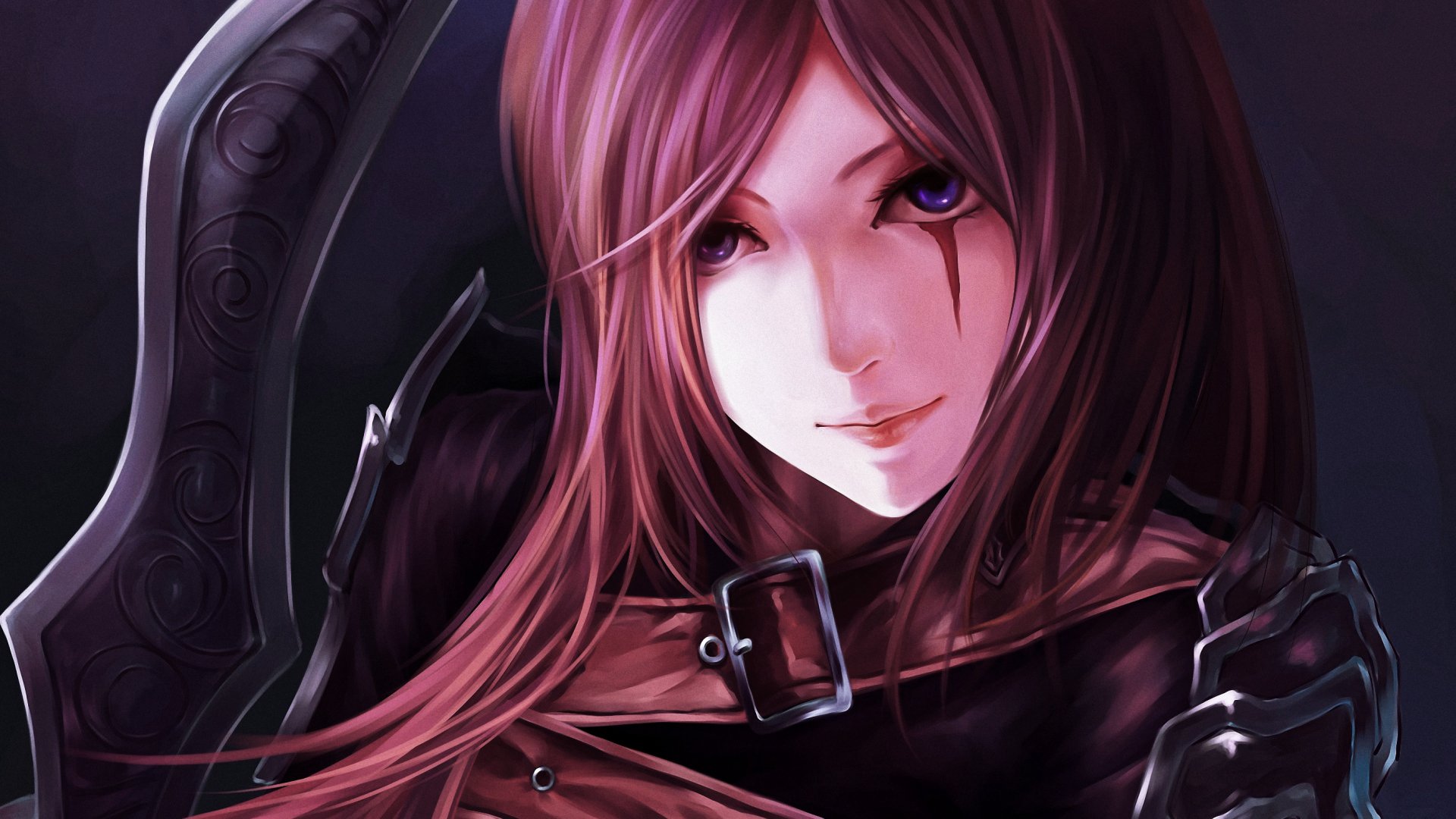 HD desktop wallpaper featuring Katarina from League of Legends, showcasing her blue eyes and wielding a weapon. The video game character is portrayed with vibrant colors and intricate details.