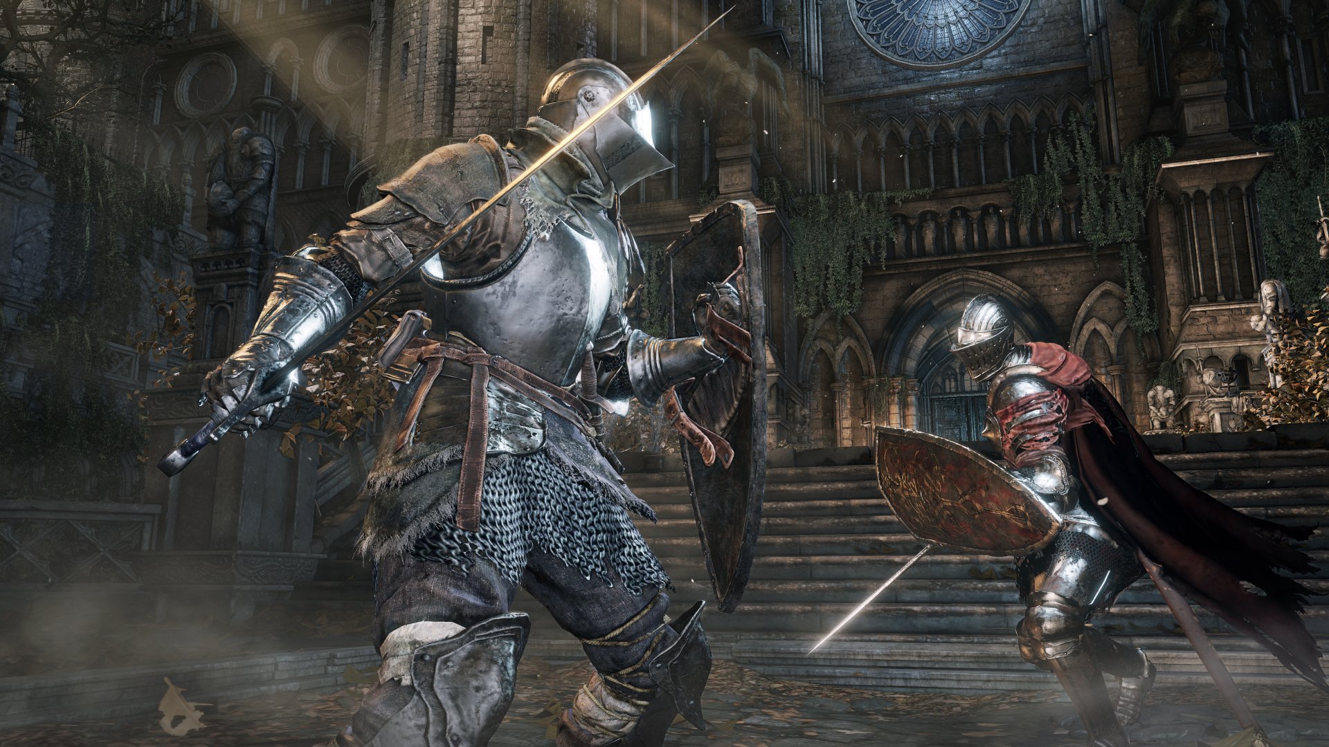 A dramatic scene from Dark Souls III featuring knights in battle, showcasing detailed armor and weapons in a richly designed gothic environment. 4K Ultra HD wallpaper.