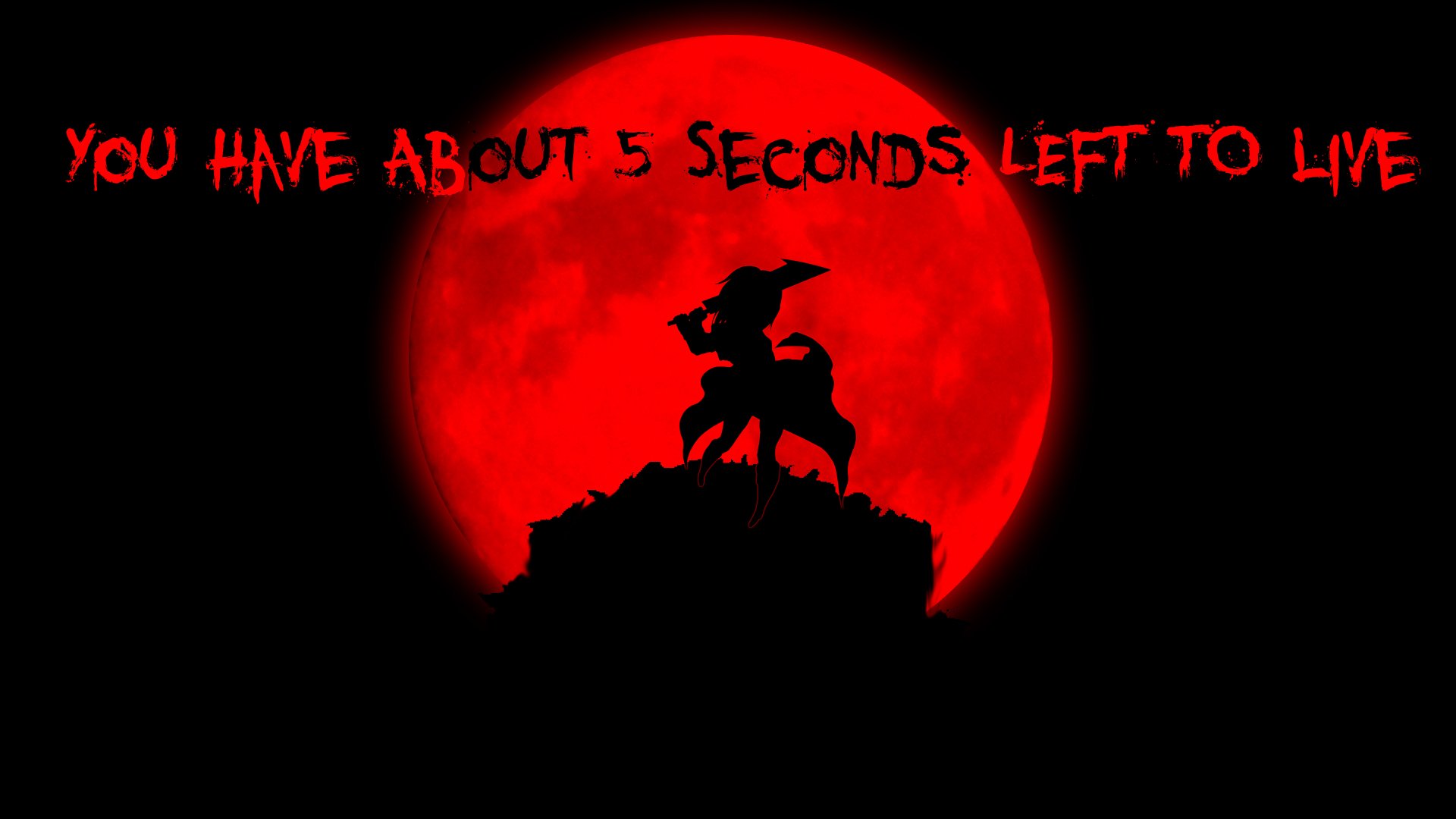 Rena Ryūgū silhouette against a glowing red moon with eerie text, an intense 4K Ultra HD anime wallpaper from Higurashi When They Cry.