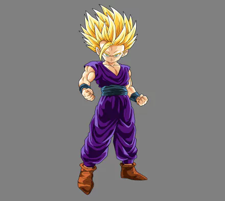 HD desktop wallpaper of Gohan from Dragon Ball Z, showcasing him in an anime style with blond spiky hair, wearing a dark purple outfit and green wristbands, set against a gray background.
