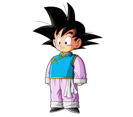 HD wallpaper of Goten from Dragon Ball Z. The anime character is dressed in traditional attire with a blue vest and purple pants, standing against a white background.