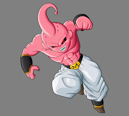 Majin Buu, a character from Dragon Ball Z, is depicted charging forward with an intense expression. This vibrant 4K Ultra HD wallpaper showcases his unique design and dynamic pose.