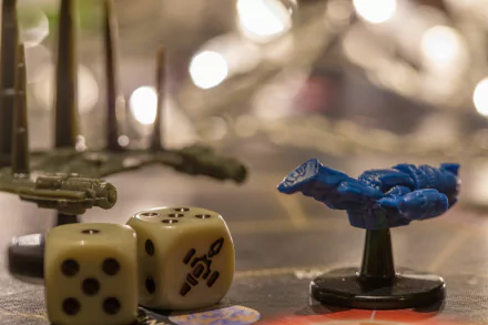 Close-up of man-made Firefly: The Board Game miniatures, dice, and a blue ship token on the board, shown as a 5K Ultra HD PC desktop wallpaper.