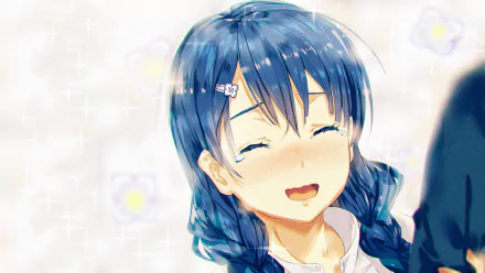 A cheerful desktop wallpaper of Megumi Tadokoro from Food Wars: Shokugeki no Soma, featuring her blue hair and smiling, blushing face against a light, flower-patterned background.