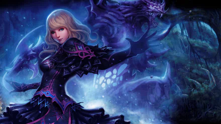 A warrior from *Dungeon Heroes Online* stands confidently in a mystical landscape, wearing ornate armor against a dark, dragon-like figure in the background. HD desktop wallpaper.