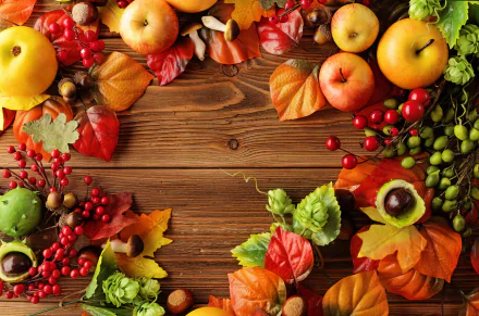 A vibrant still life featuring apples, berries, and colorful autumn leaves on a warm wooden background, capturing the essence of fall harvest. Perfect 4K Ultra HD wallpaper.