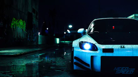 HD PC desktop wallpaper featuring a close-up of a white sports car with blue headlights from the video game Need For Speed (2015) against a dark urban night backdrop.